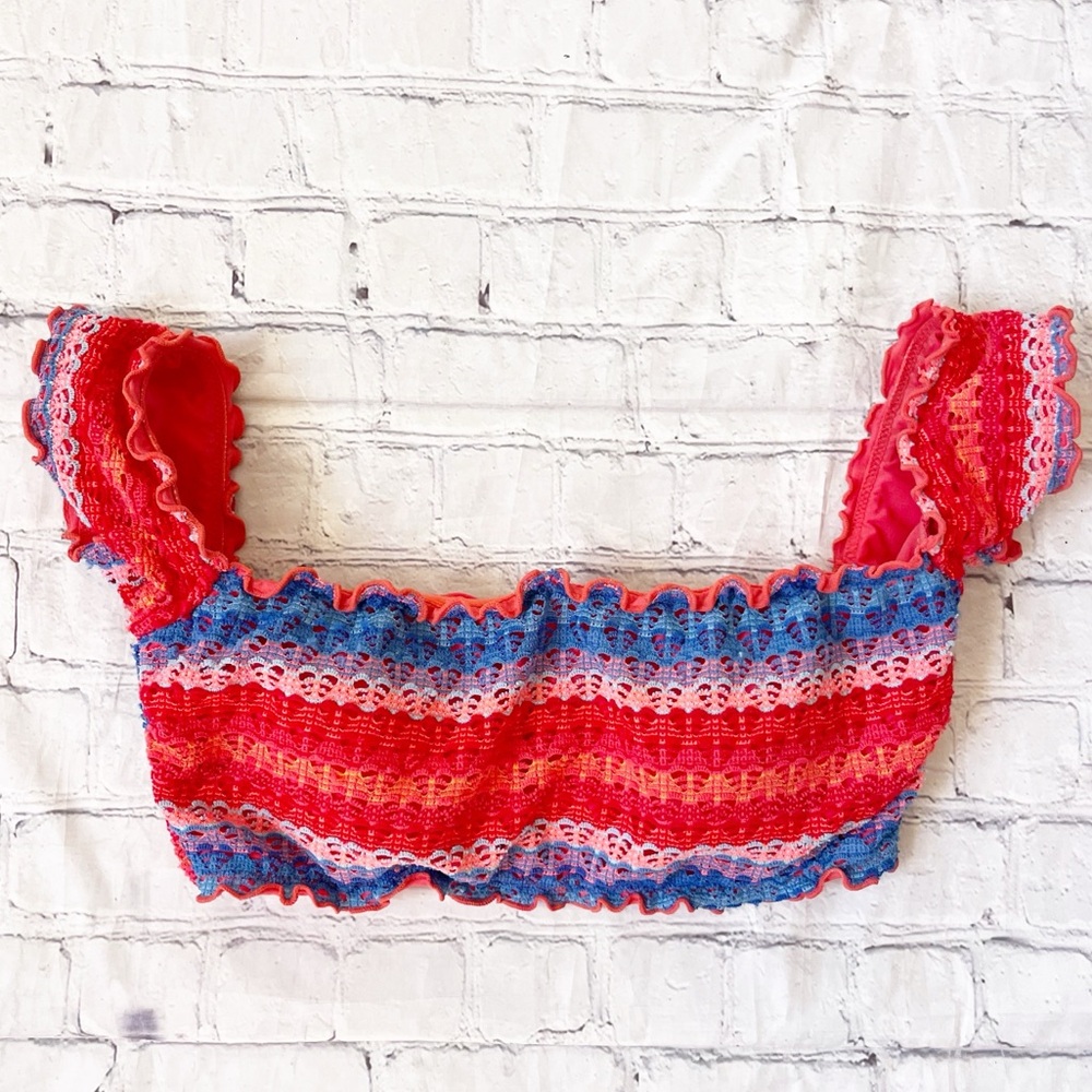 Seafolly Bikini Havana Stripe Cold Shoulder Bandeau Bathing Suit Top